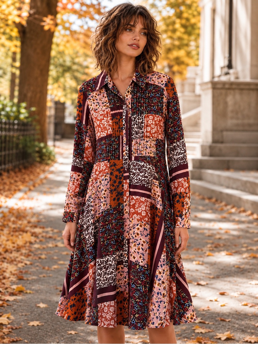 Nanette Lepore Patchwork Print Shirt-Dress - Boho Fall Print - Gently Preloved